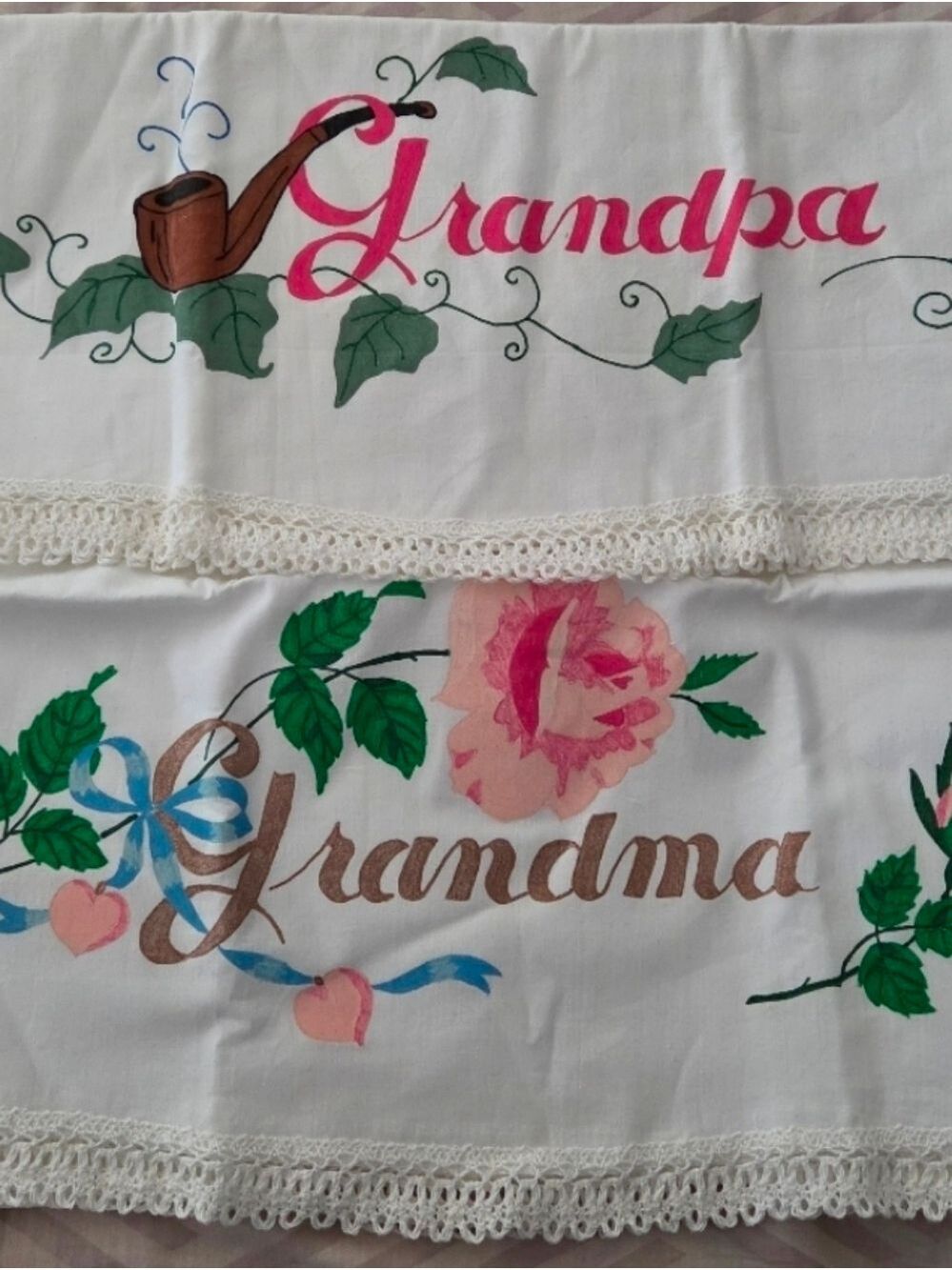Vintage New Pair Of Pillowcases- Handpainted , Lace Trimmed Grandma & Grandpa